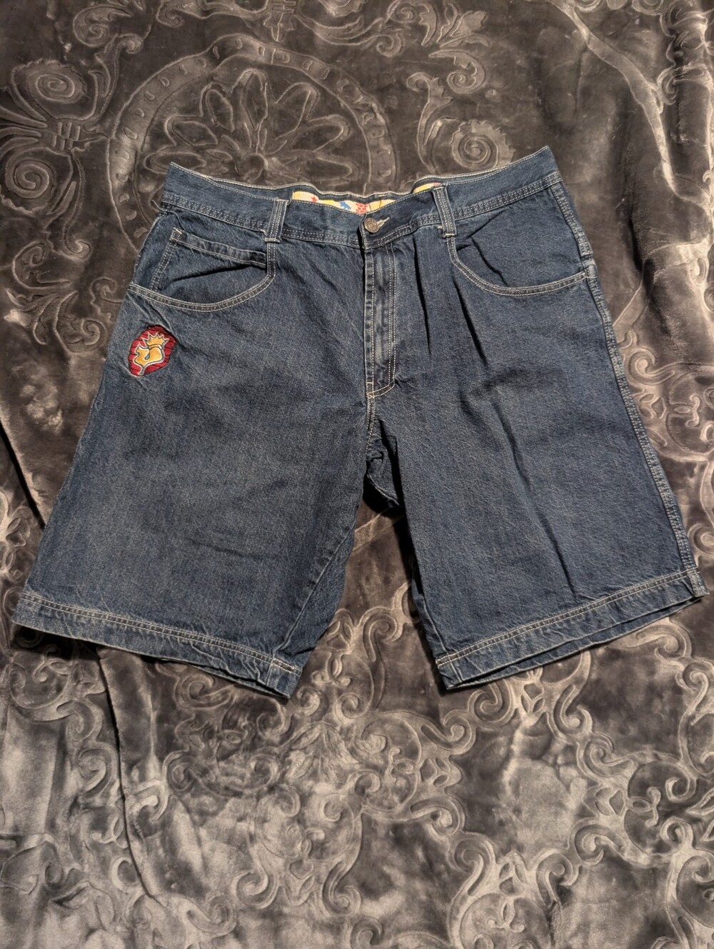 JNCO Dark Blue Denim Shorts with Flame Patch